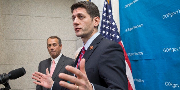 House Budget Committee Chairman Rep. Paul Ryan, R-Wis., right, accompanied by House Speaker John Boehner of Ohio, left, takes reporters' questions as during a news conference on Capitol Hill in Washington, Wednesday, Dec. 11, 2013, as House Republicans signaled support for a budget deal worked out yesterday between Ryan and Senate Budget Committee Chair Sen. Patty Murray, D-Wash. The budget deal was one of a few major measures left on Congress' to-do list near the end of a bruising year that has produced a partial government shutdown, a flirtation with a first-ever federal default and gridlock on President Obama's agenda. (AP Photo/J. Scott Applewhite)