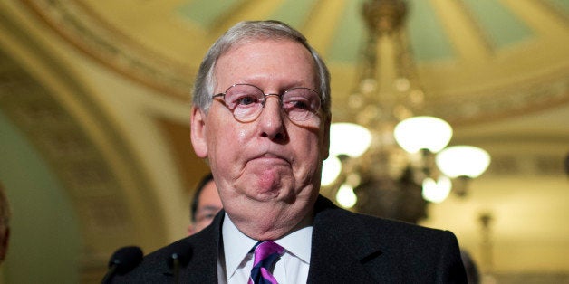 UNITED STATES - JANUARY 07: From left, Sen. Roger Wicker, R-Miss., Senate Majority Leader Mitch McConnell, R-Ky., Sen. John Thune, R-S.D., and Senate Majority Whip John Conryn, R-Texas, conduct a news conference after the senate luncheons in the Capitol, January 7, 2015. (Photo By Tom Williams/CQ Roll Call)