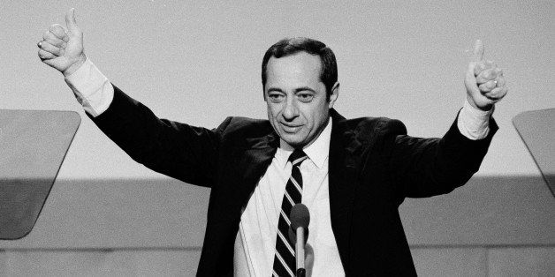 FILE - In this July 17, 1984, file photo, New York Gov. Mario Cuomo gives a thumbs-up gesture with both hands during his keynote address to the opening session of the Democratic National Convention in San Francisco. Cuomo, a three-term governor, died Thursday, Jan. 1, 2015, the day his son Andrew started his second term as governor, the New York governor's office confirmed. He was 82. (AP Photo/File)