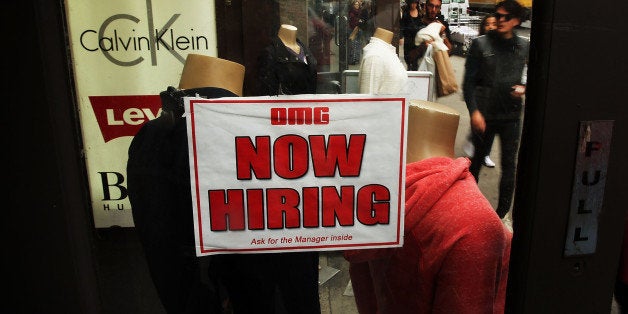 NEW YORK, NY - OCTOBER 02: A notice in a store window announces a retail job opening on October 2, 2014 in New York City. In a sign that the labor market continues to improve, new numbers released on Thursday show that the number of Americans filing new claims for unemployment benefits fell last week. The Labor Department said on Thursday that claims for state unemployment benefits fell by 8,000 to a seasonally adjusted 287,000 in the week ended Sept. 27. (Photo by Spencer Platt/Getty Images)