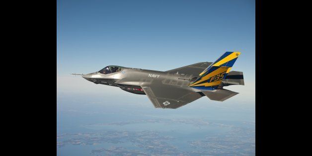 IN AIR, NAVAL AIR STATION PATUXENT RIVER, MD - FEBRUARY 11: (EDITORS NOTE: Image has been received by U.S. Military prior to transmission) In this image released by the U.S. Navy courtesy of Lockheed Martin, the U.S. Navy variant of the F-35 Joint Strike Fighter, the F-35C, conducts a test flight February 11, 2011 over the Chesapeake Bay. Lt. Cmdr. Eric 'Magic' Buus flew the F-35C for two hours, checking instruments that will measure structural loads on the airframe during flight maneuvers. The F-35C is distinct from the F-35A and F-35B variants with larger wing surfaces and reinforced landing gear for greater control when operating in the demanding carrier take-off and landing environment. (Photo by U.S. Navy photo courtesy Lockheed Martin via Getty Images)