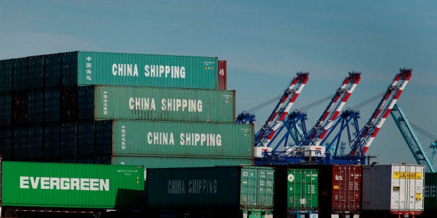 China Shipping Container Lines Co. containers sit stacked at the Port of Los Angeles in San Pedro, California, U.S., on Tuesd