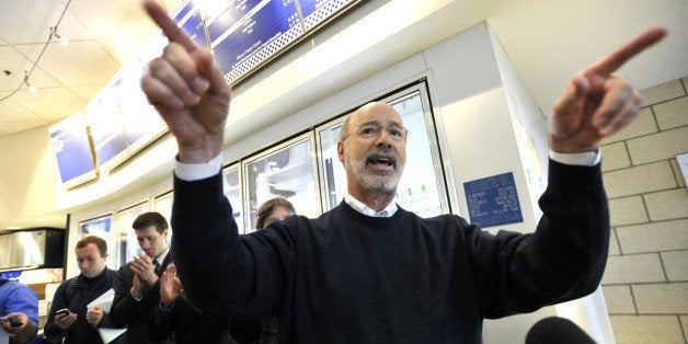 Democratic candidate for Pennsylvania Governor Tom Wolf talks to a crowd of people inside the Berkey Creamery on Wednesday, Oct. 29, 2014 in University Park, Pa. (Nabil K. Mark/Centre Daily Times/MCT via Getty Images)