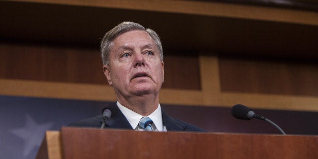 WASHINGTON, D.C. - JANUARY 13: Senator Lindsey Graham speaks at a press conference with Senator Richard Burr (not seen), Senator John McCain (not seen), and Senator Kelly Ayotte (not seen) to announce new proposed legislation to limit President Obamas ability to release prisoners from Guantanamo in Washington, D.C. on January 13, 2015. (Photo by Samuel Corum/Anadolu Agency/Getty Images)