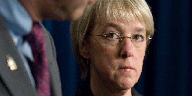 UNITED STATES - JANUARY 30: Sen. Patty Murray, D-Wash., right, listens as Sen. Sherrod Brown, D-Ohio, speaks during their news conference on the economy and the need for a fiscally responsible budget on Wednesday, Jan. 30, 2008. (Photo By Bill Clark/Roll Call/Getty Images)