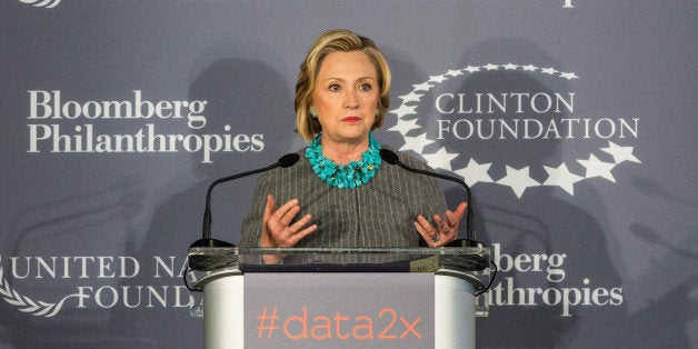 NEW YORK, NY - DECEMBER 15: Former U.S. Secretary of State and first lady Hillary Clinton speaks at a press conference announcing a new initiative between the Clinton Foundation, United Nations Foundation and Bloomberg Philanthropies, titled Data 2x on December 15, 2014 in New York City. Data 2x aims to use data-driven analysis to close gender gaps throughout the world. (Photo by Andrew Burton/Getty Images)