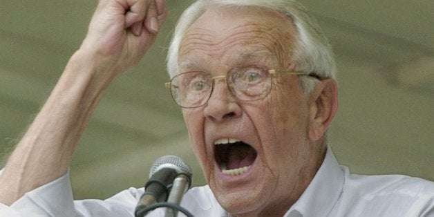 Former U.S. Sen. Wendell Ford of makes a point while addressing the crowd at the 120th Fancy Farm Picnic, Saturday, Aug. 5, 2000 in Fancy Farm, Ky. Ford, a lifelong Democrat, said Republican presidental candidate George W. Bush is beholden to the oil industry. (AP Photo/Rob Carr)