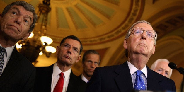 WASHINGTON, DC - JUNE 17: (L-R) U.S. Sen. Roy Blunt (R-MO), U.S. Sen. John Barrasso (R-(R-WY), U.S. Sen. John Thune (R-SD), Senate Minority Leader Mitch McConnell (R-KY) and U.S. Sen. John Cornyn (R-TX) talk to reporters after the Senate Republican policy luncheon at the U.S. Capitol June 17, 2014 in Washington, DC. McConnell and fellow Republican leaders were critical of President Barack Obama's handling of many issues, including the Keystone XL pipeline project, the insurgency in Iraq and the capture of one of the suspects in the 2011 Benghazi, Libya, attack that left four Americans dead. (Photo by Chip Somodevilla/Getty Images)