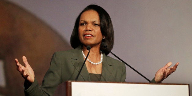 Former Secretary of State Condoleezza Rice gestures while speaking before the California Republican Party 2014 Spring Convention Saturday, March 15, 2014, in Burlingame, Calif. (AP Photo/Ben Margot)