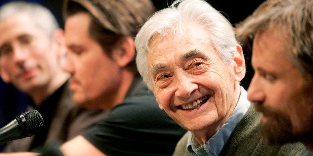 Author Howard Zinn, second from right, takes part in a panel discussion about an upcoming mini-series entitled "The People Speak," Wednesday, Jan. 9, 2008, at Emerson College in Boston, along with, from left, writer Anthony Arnove, actor Josh Brolin and actor Viggo Mortensen. Production of the series, which is an adaptation of the book by Howard Zinn, began in Boston on Jan. 8 and will continue throughout the Spring. (AP Photo/Michael Dwyer)