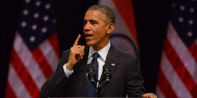 NEW DELHI, INDIA - JANUARY 27: U.S. President Barack Obama addresses at Siri Fort Auditorium on January 27, 2015 in New Delhi, India. Obama said, 'We believe in the promise of India, we believe in the people of India. We are proud to be your partner as you build the country of your dreams. We are not perfect countries, have known tragedies and triumphs, have lot of challenges, but our two nation posses the key to progress.' He spoke on the topic 'India & America: the future we can build together', describing the numerous opportunities that both countries have to build a constructive partnership. (Photo by Vipin Kumar/Hindustan Times via Getty Images)