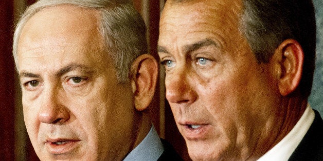 Israeli Prime Minister Benjamin Netanyahu(L) and US House of Representatives Speaker Johh Boehner(R-OH), deliver remarks to the media inside the Rayburn Room at the US Capitol March 6, 2012, in Washington, DC. AFP Photo/Paul J. Richards (Photo credit should read PAUL J. RICHARDS/AFP/Getty Images)