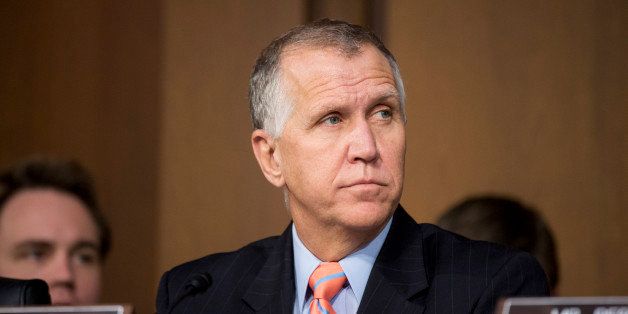 UNITED STATES - JANUARY 28: Sen. Thom Tillis, R-N.C., listens as U.S. Attorney General nominee Loretta Lynch testifies during her confirmation hearing in the Senate Judiciary Committee on Wednesday, Jan. 28, 2015. (Photo By Bill Clark/CQ Roll Call)