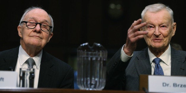 WASHINGTON, DC - JANUARY 21: Former National Security Advisor Brent Scowcroft (L) and Zbigniew Brzezinski (R) testify during a Senate Armed Services Committee hearing on Capitol Hill, January 21, 2015 in Washington, DC. The committee was hearing testimony from former cabinet officials regarding global challenges and United States national security strategy. (Photo by Mark Wilson/Getty Images)