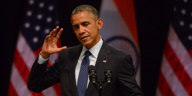 NEW DELHI, INDIA - JANUARY 27: U.S. President Barack Obama addresses at Siri Fort Auditorium on January 27, 2015 in New Delhi, India. Obama said, 'We believe in the promise of India, we believe in the people of India. We are proud to be your partner as you build the country of your dreams. We are not perfect countries, have known tragedies and triumphs, have lot of challenges, but our two nation posses the key to progress.' He spoke on the topic 'India & America: the future we can build together', describing the numerous opportunities that both countries have to build a constructive partnership. (Photo by Vipin Kumar/Hindustan Times via Getty Images)