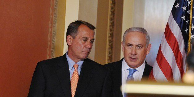 House Speaker John Boehner, R-OH, and Israeli Prime Minister Benjamin Netanyahu make their way to the lectern to deliver statements outside of the Speaker's office after Netanyahyu spoke to a joint session of Congress, May 24, 2011 at the US Capitol in Washington, DC. AFP PHOTO/Mandel NGAN (Photo credit should read MANDEL NGAN/AFP/Getty Images)