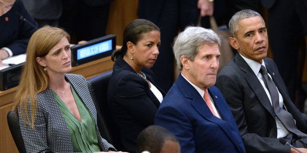 NEW YORK, NY - SEPTEMBER 25: (AFP OUT) (L-R) United States Ambassador to the United Nations Samantha Power, U.S National Security Advisor Susan E. Rice, U.S. Secretary of State John Kerry and U.S. President Barack Obama sit before Obama gives remarks at a special high-level meeting regarding the Ebola virus outbreak in West Africa during the 69th United Nations General Assembly on September 25, 2014 in New York City. The UN General Assembly brings together political leaders from around the world to report on issues and discuss solutions. (Photo by Anthony Behar-Pool/Getty Images)