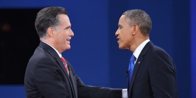 US President Barack Obama shakes hands with Republican presidential candidate Mitt Romney at the end of the third and final presidential debate October 22, 2012 at Lynn University in Boca Raton, Florida. AFP PHOTO/Mandel NGAN (Photo credit should read MANDEL NGAN/AFP/Getty Images)