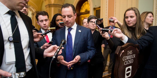 UNITED STATES - FEBRUARY 3: RNC chairman Reince Priebus speaks to reporters as he leaves the Senate Republicans' policy lunch