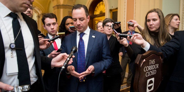 UNITED STATES - FEBRUARY 3: RNC chairman Reince Priebus speaks to reporters as he leaves the Senate Republicans' policy lunch on Tuesday, Feb. 3, 2015. (Photo By Bill Clark/CQ Roll Call)