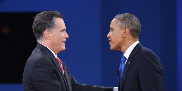 US President Barack Obama shakes hands with Republican presidential candidate Mitt Romney at the end of the third and final presidential debate October 22, 2012 at Lynn University in Boca Raton, Florida. AFP PHOTO/Mandel NGAN (Photo credit should read MANDEL NGAN/AFP/Getty Images)