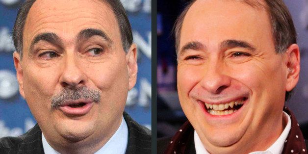 This combination of Sunday, Oct. 7, 2012, left, and Friday, Dec. 7, 2012 photos provided by CBS News and MSNBC shows David Axelrod, adviser to the Obama campaign in Washington and New York. Axelrod had his trademark moustache shaved Friday on MSNBC after the hosts of "Morning Joe" helped raise $1 million for his epilepsy charity. (AP Photo/CBS News, Chris Usher, MSNBC, Morning Joe, Louis Burgdorf)
