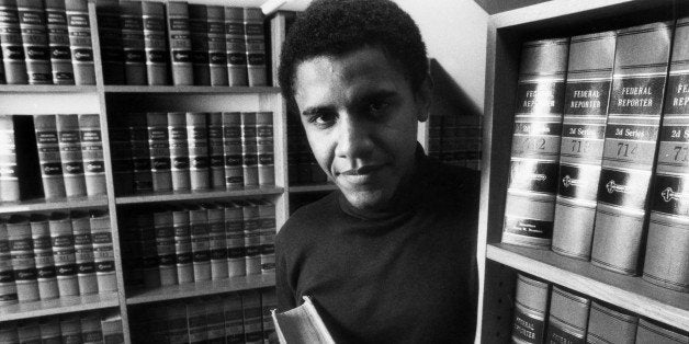 CAMBRIDGE - FEBRUARY 5: Barack Obama poses in the office of The Harvard Law Review on Monday, Feb. 5, 1990, after being named President of The Harvard Law Review. (Photo by Lane Turner/The Boston Globe via Getty Images)