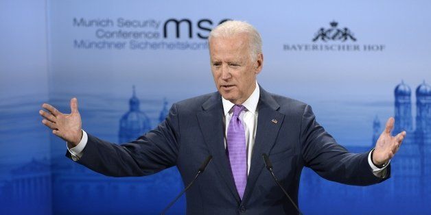 US Vice President Joe Biden speaks during the second day of the 51st Munich Security Conference (MSC) in Munich, southern Germany, on February 7, 2015. The Ukraine conflict, Islamic State group jihadists and the wider 'collapse of the global order' will occupy the world's security community at the annual meeting. Also on the agenda of the three-day Conference will be Iran's nuclear talks, the Syrian war and mass refugee crisis, West Africa's Ebola outbreak and cyber terrorism. AFP PHOTO / CHRISTOF STACHE (Photo credit should read CHRISTOF STACHE/AFP/Getty Images)