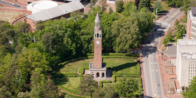 CHAPEL HILL, NC - APRIL 21: An aerial view of the University of North Carolina campus including the Morehead-Patterson Bell Tower (center) on April 21, 2013 in Chapel Hill, North Carolina. (Photo by Lance King/Getty Images)