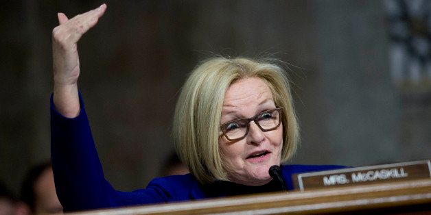 Senator Claire McCaskill, a Democrat from Missouri, questions Ashton Carter, former deputy secretary of defense and U.S. President Barack Obama's nominee to be U.S. secretary of defense, not pictured, during a Senate Armed Services Committee nomination hearing in Washington, D.C., U.S., on Wednesday, Feb. 4, 2015. Carter pledged to stop cost overruns and other wasteful spending, even as he pleaded for relief from automatic budget cuts that will resume in October. 