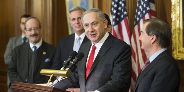 Israeli Prime Minister Benjamin Netanyahu (C) talks with congressional leadership on Capitol Hill in Washington, DC, March 3,
