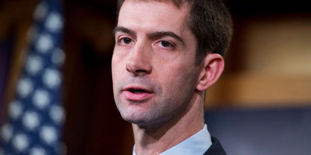 UNITED STATES - FEBRUARY 05: Sen. Tom Cotton, R-Ark., speaks during a news conference in the Capitol's Senate studio on the possibility of arming the Ukrainians in their conflict with Russian-backed rebels, February 5, 2015. (Photo By Tom Williams/CQ Roll Call)