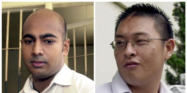 FILE - This combination of two file photos from Jan. 24, 2006, left, and Jan. 26, 2006 shows Australian drug traffickers Myuran Sukumaran, left, and Andrew Chan during their trial in Bali, Indonesia. Indonesia said on Monday, Feb. 16, 2015 it postponed the transfer of eight convicted drug smugglers, including seven foreigners, to a prison island for execution due to technical problems. The eight are facing execution despite international appeals for clemency. Among them are Chan and Sukumaran, the ringleaders of a group of nine Australians arrested in 2005 for attempting to smuggle heroin to Australia from the Indonesian resort island of Bali. (AP Photo/Firdia Lisnawati, File)