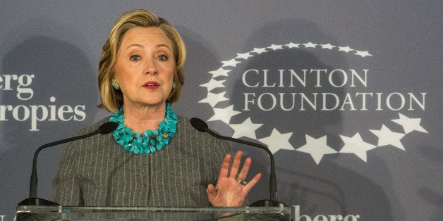 NEW YORK, NY - DECEMBER 15: Former U.S. Secretary of State and first lady Hillary Clinton speaks at a press conference announcing a new initiative between the Clinton Foundation, United Nations Foundation and Bloomberg Philanthropies, titled Data 2x on December 15, 2014 in New York City. Data 2x aims to use data-driven analysis to close gender gaps throughout the world. (Photo by Andrew Burton/Getty Images)