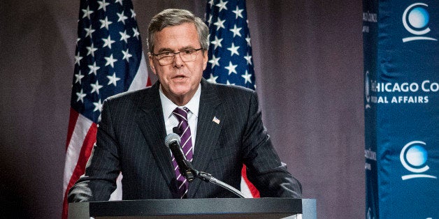 Jeb Bush, former governor of Florida and possible Republican presidential candidate, speaks to the Chicago Council on Global Affairs in Chicago, Illinois, U.S., on Wednesday, Feb. 18, 2015. Bush said 'mistakes' in Iraq included relying on intelligence regarding weapons of mass destruction that turned out to be wrong and the failure to create an environment of security after overthrowing Saddam Hussein. Photographer: Christopher Dilts/Bloomberg via Getty Images 