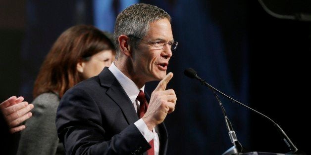 Michigan Democratic gubernatorial candidate Mark Schauer addresses supporters during his concession speech at an election night rally in Detroit, Tuesday, Nov. 4, 2014. Republican Gov. Rick Snyder won a second term defeating Schauer after a closely watched race in which the Republican touted an economic and fiscal turnaround and promised to keep Michigan on the right path. (AP Photo/Carlos Osorio)