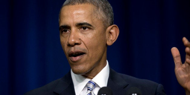 President Barack Obama speaks in the Eisenhower Executive Office Building in the White House Complex in Washington, Wednesday, Feb. 18, 2015, during the White House Summit on Countering Violent Extremism to highlight domestic and international efforts to prevent violent extremists and their supporters from radicalizing, recruiting, or inspiring individuals or groups in the United States and abroad to commit acts of violence. (AP Photo/Carolyn Kaster)