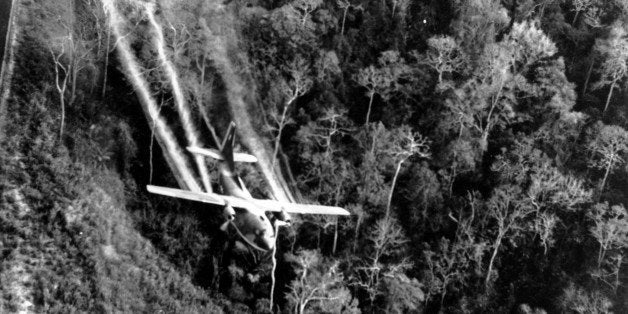 A U.S. Air Force C-123 flies low along a South Vietnamese highway spraying defoliants on dense jungle growth beside the road