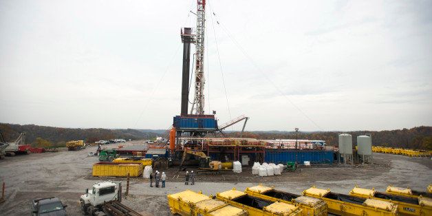 A rig drills for natural gas at a hydraulic fracturing site owned by EQT Corp. located atop the Marcellus shale rock formation in Washington Township, Pennsylvania, U.S., on Thursday, Oct. 31, 2013. Output from shale deposits including the Marcellus has surged 10-fold since 2005 to account for a third of the countrys gas production, government data show. The increase in production is bringing development to an economically depressed region that lies atop the Marcellus shale, a rock formation that produces more natural gas than Saudi Arabia. Photographer: Ty Wright/Bloomberg via Getty Images