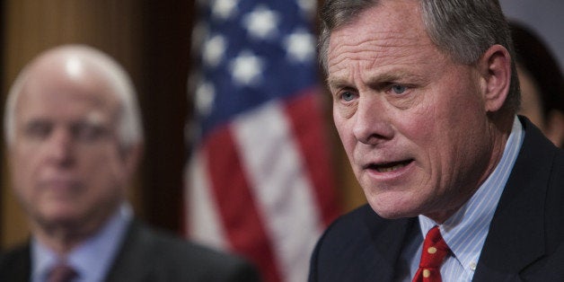 WASHINGTON, D.C. - JANUARY 13: Senator Richard Burr (R) speaks at a press conference with Senator Lindsey Graham (not seen), Senator John McCain (L), and Senator Kelly Ayotte (2nd L) to announce new proposed legislation to limit President Obamas ability to release prisoners from Guantanamo in Washington, D.C. on January 13, 2015. (Photo by Samuel Corum/Anadolu Agency/Getty Images)