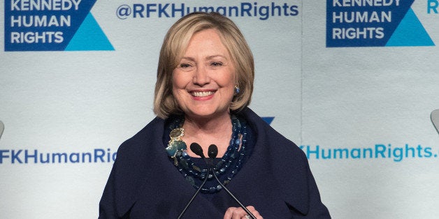 NEW YORK, NY - DECEMBER 16: Event honoree Hillary Rodham Clinton speaks on stage during the 2014 Robert F. Kennedy Ripple Of