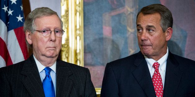 UNITED STATES - FEBRUARY 10: Senate Majority Leader Mitch McConnell, R-Ky., left, and Speaker of the House John Boehner, R-Ohio, participate in the ceremony to sign H.R.203, the 'Clay Hunt Suicide Prevention for American Veterans Act.' in the Capitol on Tuesday, Feb. 10, 2015. (Photo By Bill Clark/CQ Roll Call)