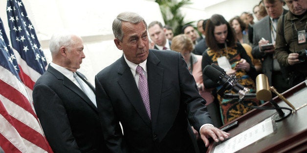 WASHINGTON, DC - FEBRUARY 25: Speaker of the House John Boehner (R-OH) arrives at a press conference following the weekly House Republican conference meeting at the U.S. Capitol February 25, 2015 in Washington, DC. With Department of Homeland Security funding set to expire on Friday of this week, Boehner and House Republican leadership faced numerous questions on a possible shutdown of DHS if a compromise is not reached with Democratic members of Congress. (Photo by Win McNamee/Getty Images)