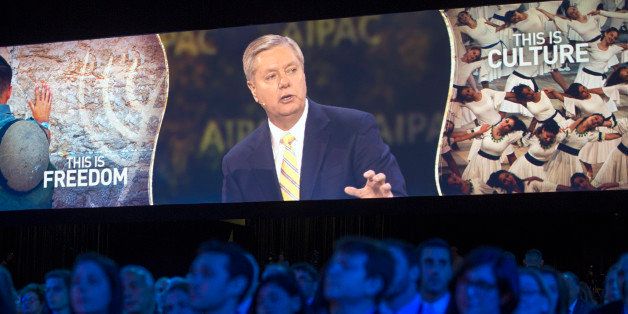 Sen. Lindsey Graham, R-S.C., is projected on a large video screen as he speaks at the American Israel Public Affairs Committee (AIPAC) Policy Conference in Washington, Sunday, March 1, 2015. (AP Photo/Cliff Owen)
