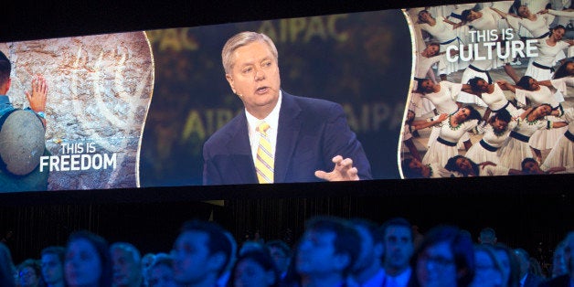Sen. Lindsey Graham, R-S.C., is projected on a large video screen as he speaks at the American Israel Public Affairs Committe
