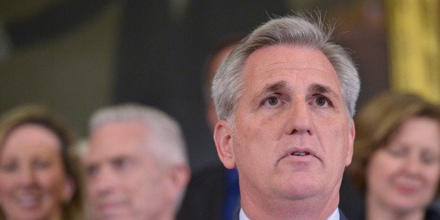 House Majority Leader Kevin McCarthy, R-CA, speaks during an event to urge US President Barack Obama to sign the Keystone XL legislation on February 11, 2015 in the Rayburn Room of the US Capitol in Washington, DC. Congress was set Wednesday to green-light the Keystone XL pipeline transporting Canadian oil to US refineries, but President Barack Obama is pledging to veto the measure. AFP PHOTO/MANDEL NGAN (Photo credit should read MANDEL NGAN/AFP/Getty Images)