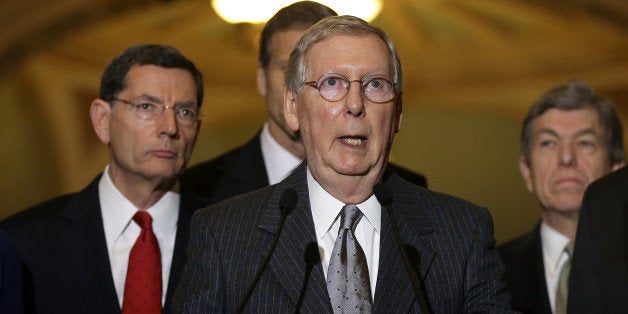 WASHINGTON, DC - JANUARY 27: Senate Majority Leader Mitch McConnell (R-KY) speaks to reporters outside the Senate chamber following a luncheon for Republican members of the Senate January 27, 2015 in Washington, DC. McConnell commented on a likely vote on legislation relating to the Keystone XL pipeline and U.S. President Barack Obama's plan to protect millions of acres of the Arctic National Wildlife Refuge. (Photo by Win McNamee/Getty Images)