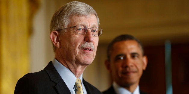 President Barack Obama listens as National Institutes of Health (NIH) Director Francis S. Collins speaks about the BRAIN (Brain Research through Advancing Innovative Neurotechnologies) Initiative, Tuesday, April 2, 2013, in the East Room at the White House in Washington. (AP Photo/Charles Dharapak)