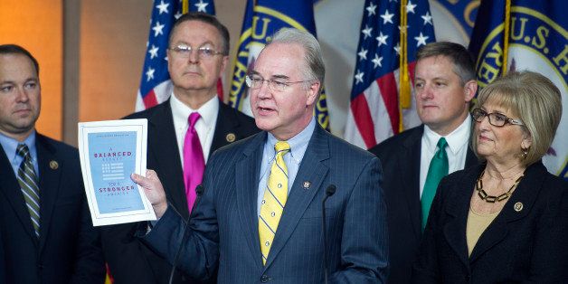 House Budget Committee Chairman Rep. Tom Price, R-Ga., center, holds-up a synopsis of the House Republican budget proposal as he announces the plan on Capitol Hill in Washington, Tuesday, March 17, 2015. The plan includes a boost in defense spending but cuts in the Medicaid program for the poor, food stamps and health care subsidies. (AP Photo/Cliff Owen)