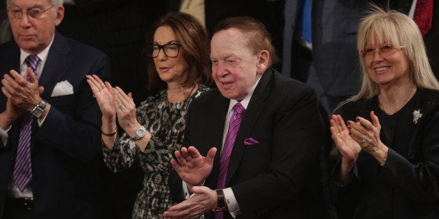 WASHINGTON, DC - MARCH 03: American billionaire casino mogul Sheldon Adelson (2nd R) and his wife Miriam Adelson (R) applaud for Prime Minister Benjamin Netanyahu of Israel as he addresses a joint meeting of the United States Congress in the House chamber at the U.S. Capitol March 3, 2015 in Washington, DC. At the risk of further straining the relationship between Israel and the Obama Administration, Netanyahu warned members of Congress against what he considers an ill-advised nuclear deal with Iran. (Photo by Chip Somodevilla/Getty Images)